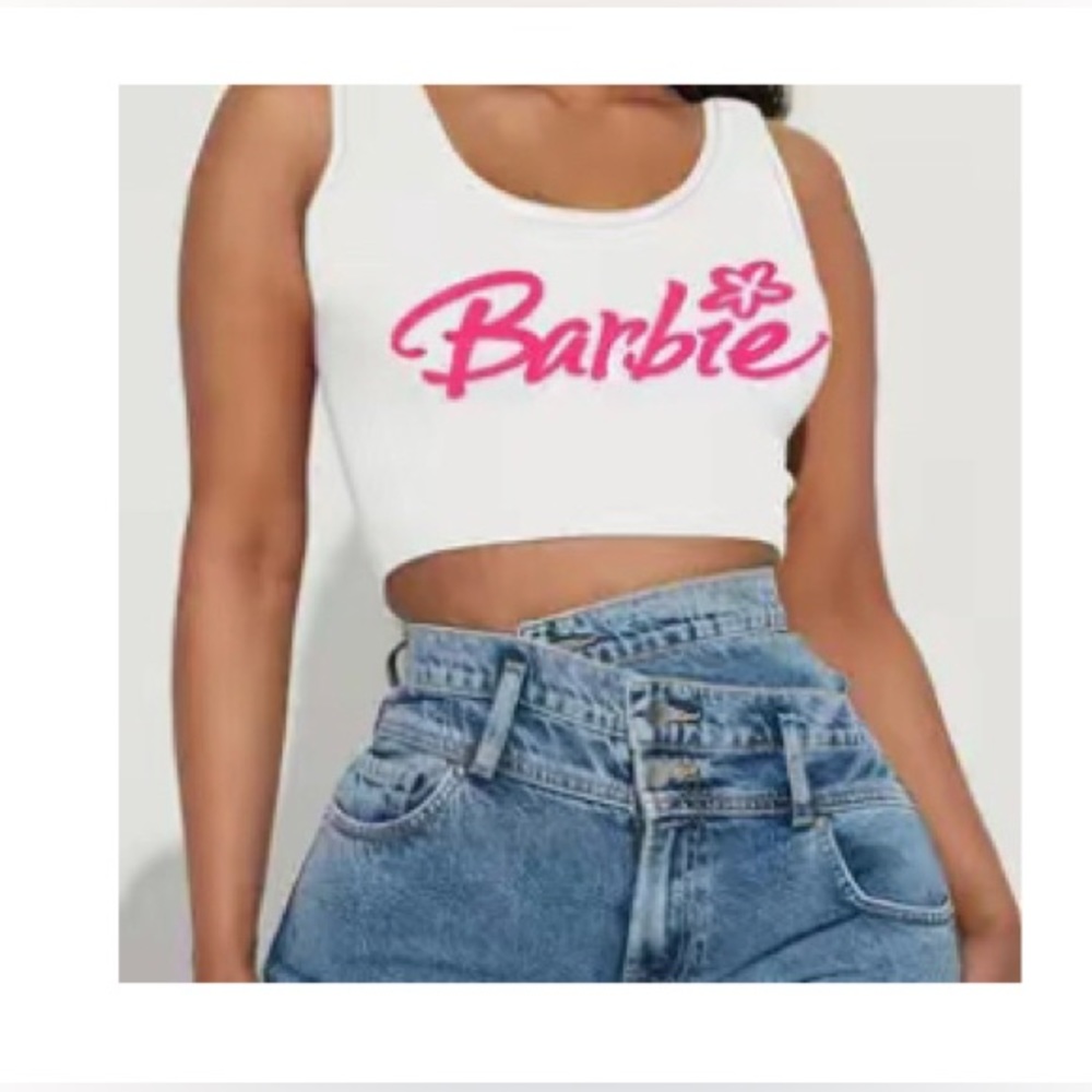 Barbie Scoop Neck Crop Top White Barbiecore Pink Tank Small Cute 90s Shirt Tee